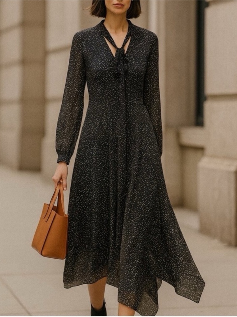 NEW Theory Tie Neck Drape Silk Dress Midi Multi Speckle Black